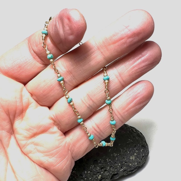 Handmade Natural Arizona Turquoise Bracelet Handcrafted 14k Yellow Gold Filled - Picture 9 of 10